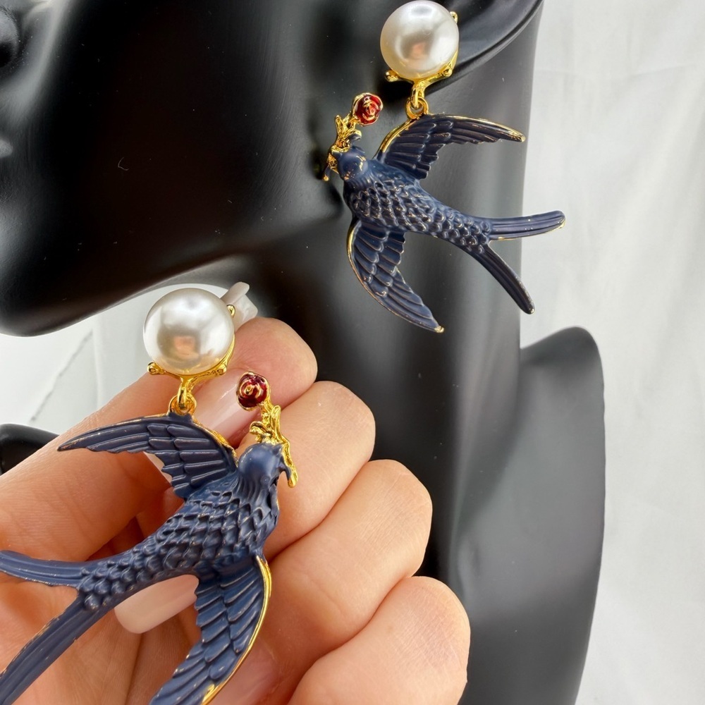 Blue Swallow Pearl Drop Earrings Statement Gold - Picture 11 of 14